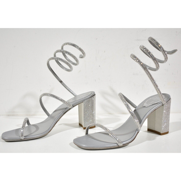 Rene Caovilla Cleo Grey Silver Crystal Wrap Strap Sandal Block Heel Pump 37.5 - Picture 9 of 12